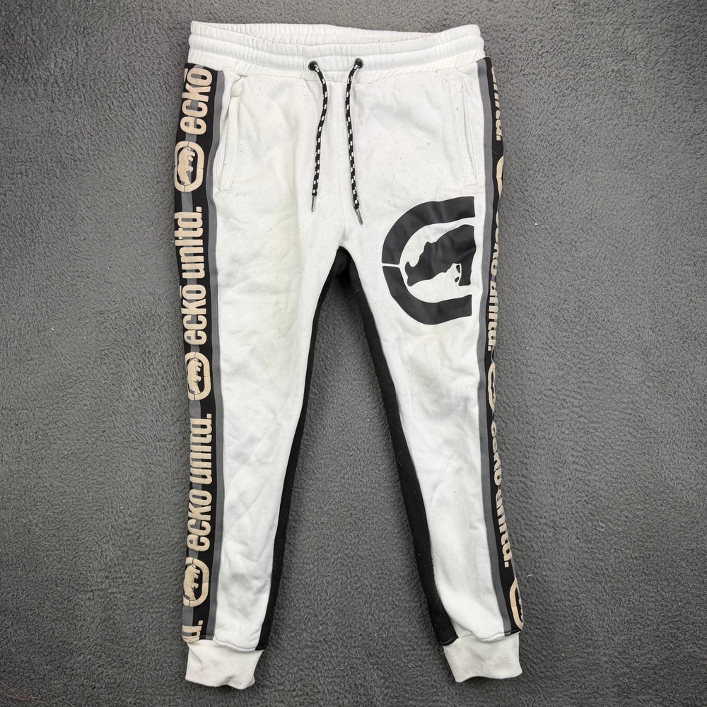 Ecko Unltd Mens White Black Logo Tape Graphic Sweatpants Size M